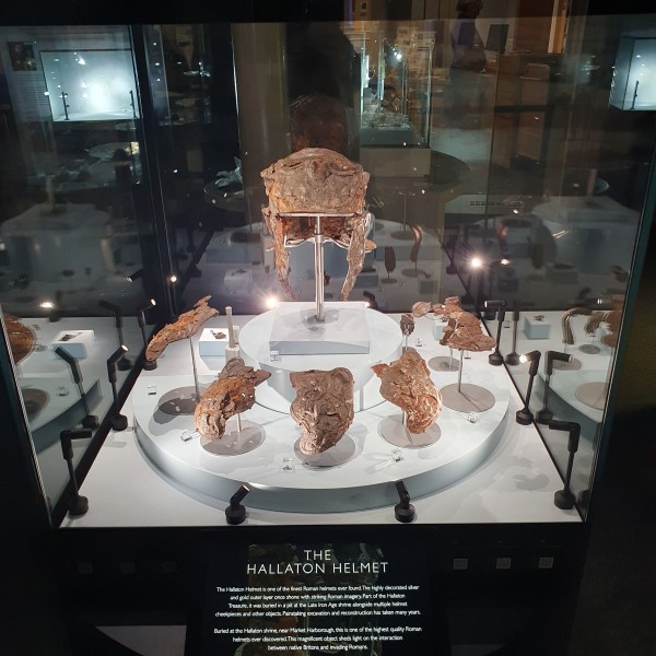 The real helmet displayed for the first time with the other helmet parts which were buried alongside it at the Late Iron Age Hallaton ritual site © Leicestershire County Council Museums..